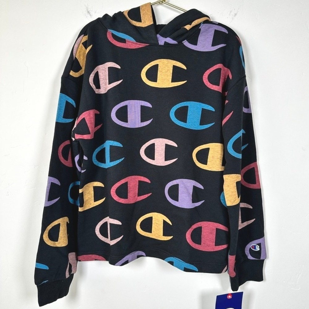 Champion Kids Big C AOP Black Hoodie Sweatshirt Size S 7/8 404601 Multicolor